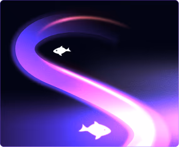 A winding S-curve trail of light with small fish navigating through it, representing the multi-channel paths phishing attacks take to reach employees.
