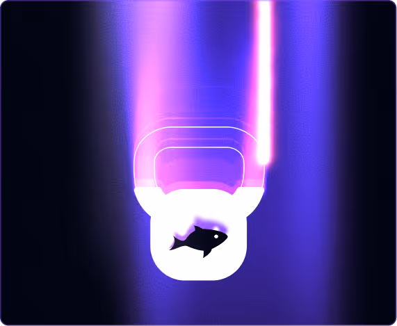 A glowing kettlebell shape with a fish symbol inside, representing the heavy-lifting required to defend against sophisticated threats like deepfakes and MFA bypass.