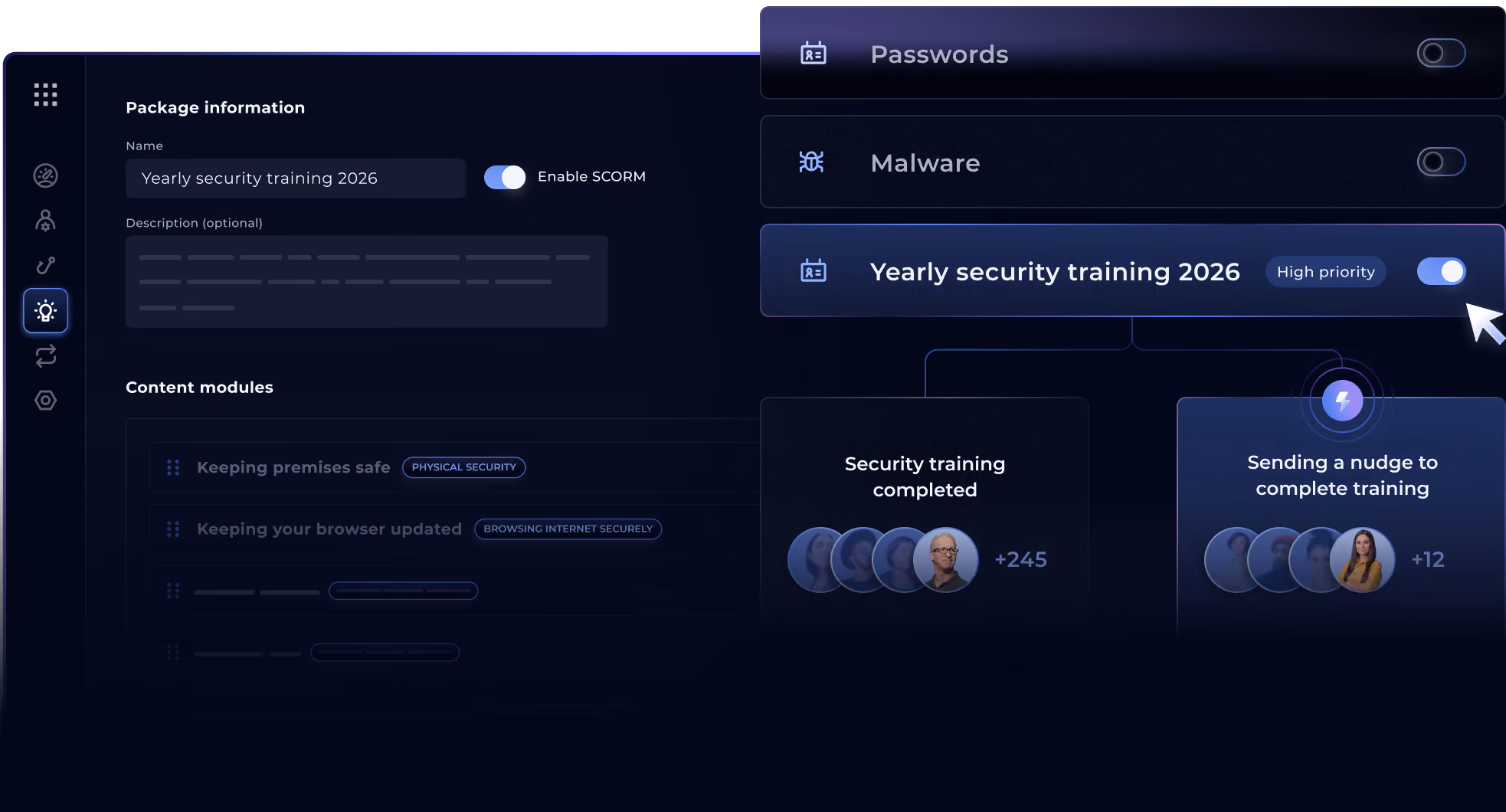 Admin view of a training package with content modules and priority settings, beside automated completion tracking and nudge reminders