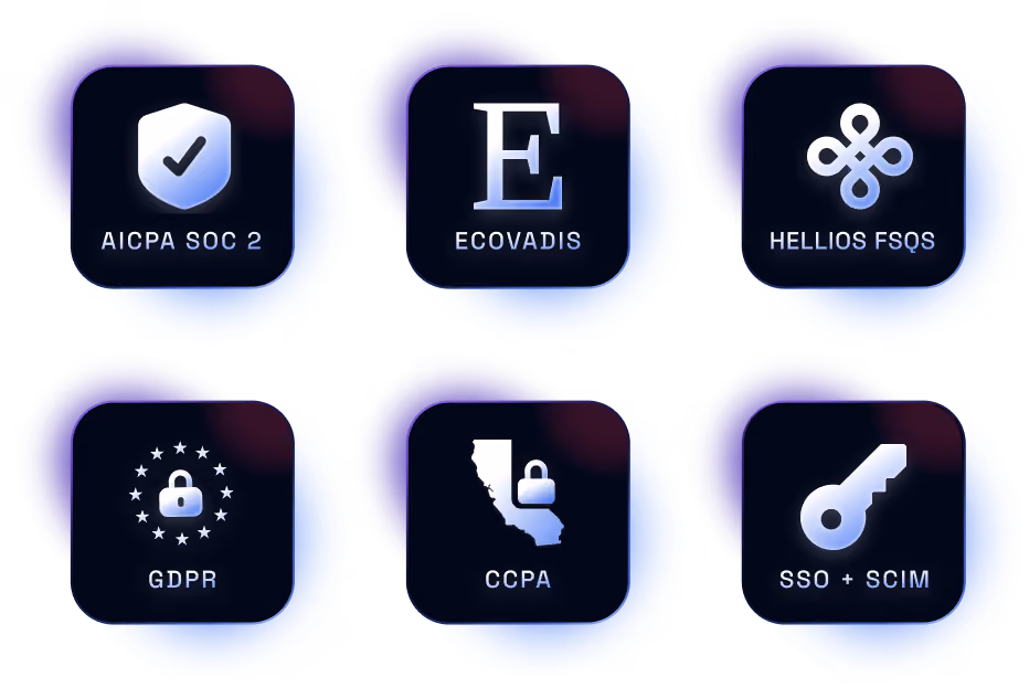 Certifications and standards: AICPA SOC 2, EcoVadis, Hellios FSQS, GDPR, CCPA, and SSO with SCIM