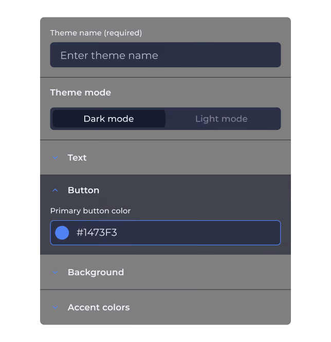 Theme editor with fields for theme name, dark or light mode, and colors for text, buttons, background, and accents