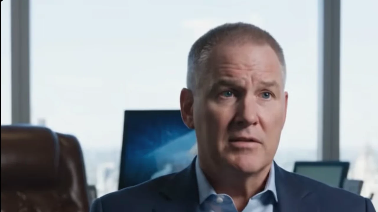 A video call window in which a deepfake of a company executive speaks from an office