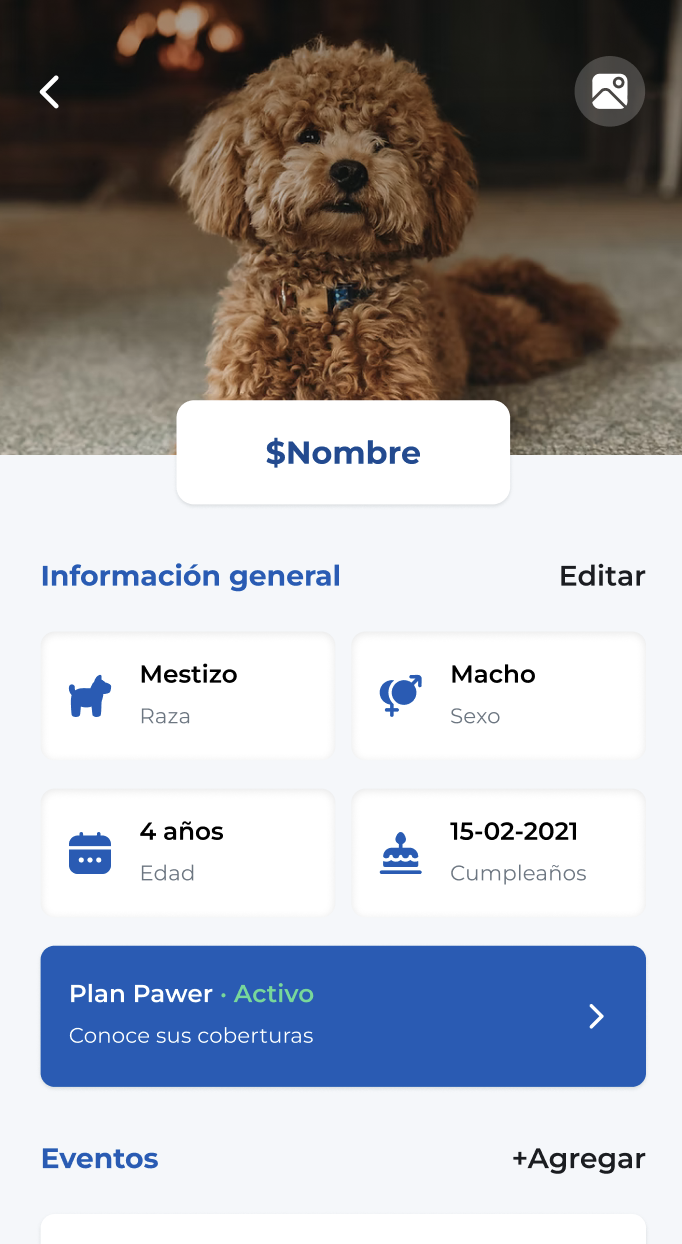 Perfil de Luna con información de su mascota en la app Pawer