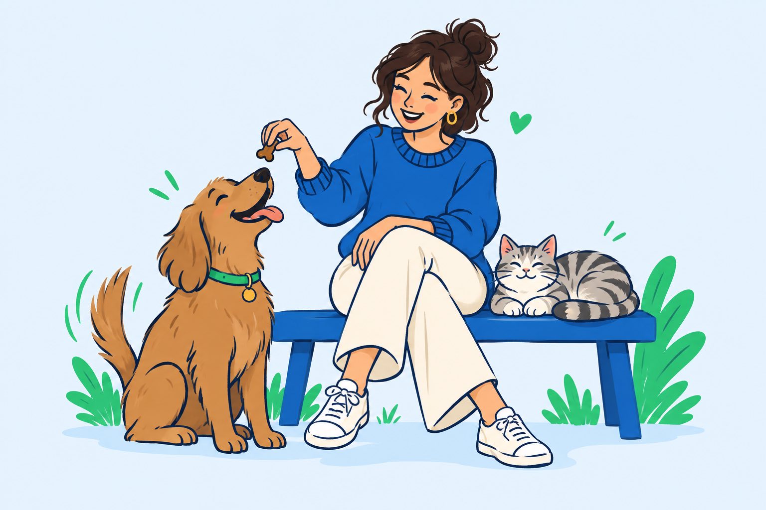 Persona junto a su perro y su gato