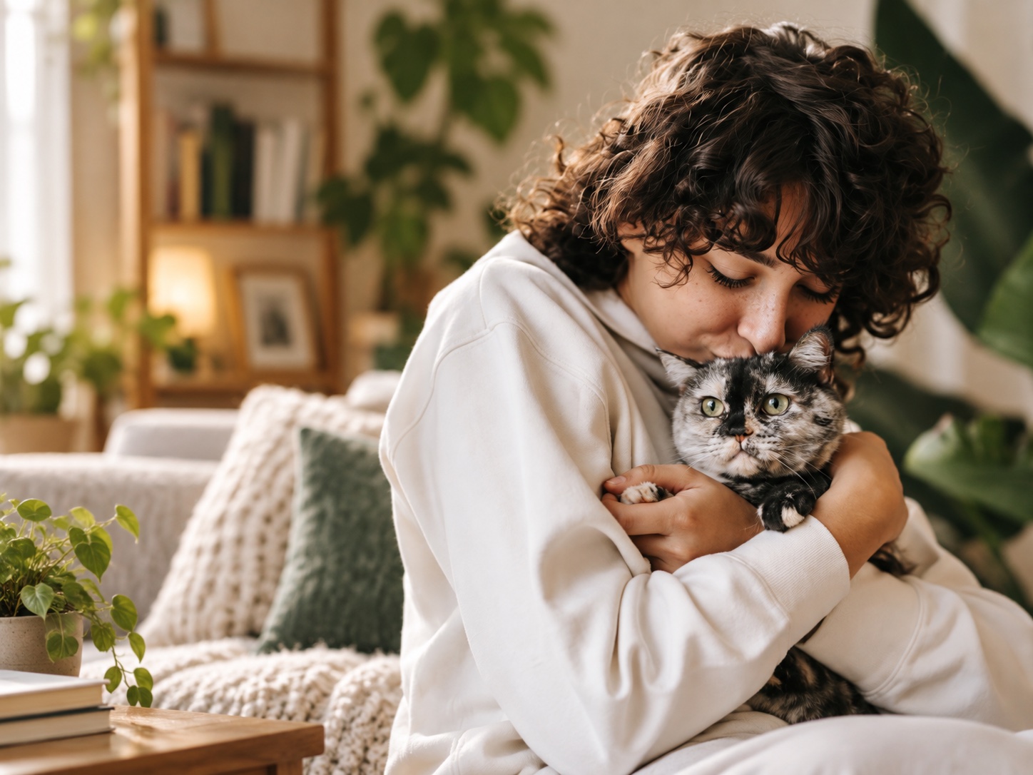 Persona con su gato en casa, para el Plan Virtual