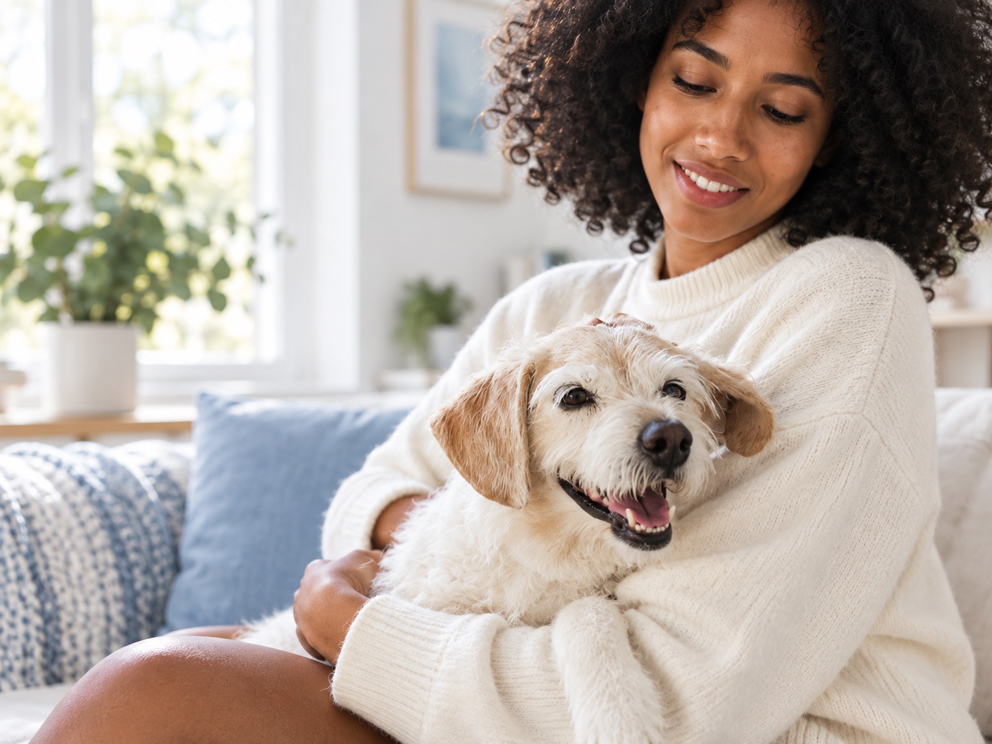 Mujer abrazando a su perro para el Plan Seguro