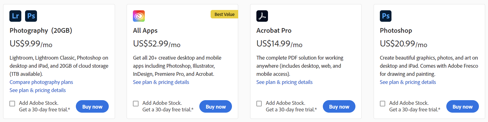 Screenshot of a page showing several apps that can be purchased