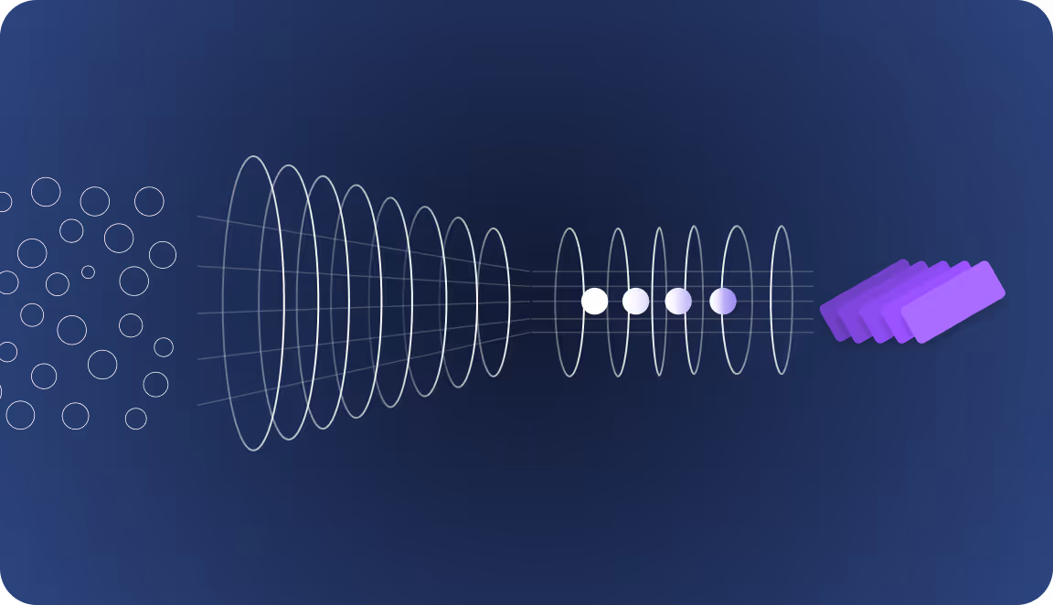 Illustration showing scattered data points moving through a series of circular processing layers and emerging as organized outputs represented by purple blocks.