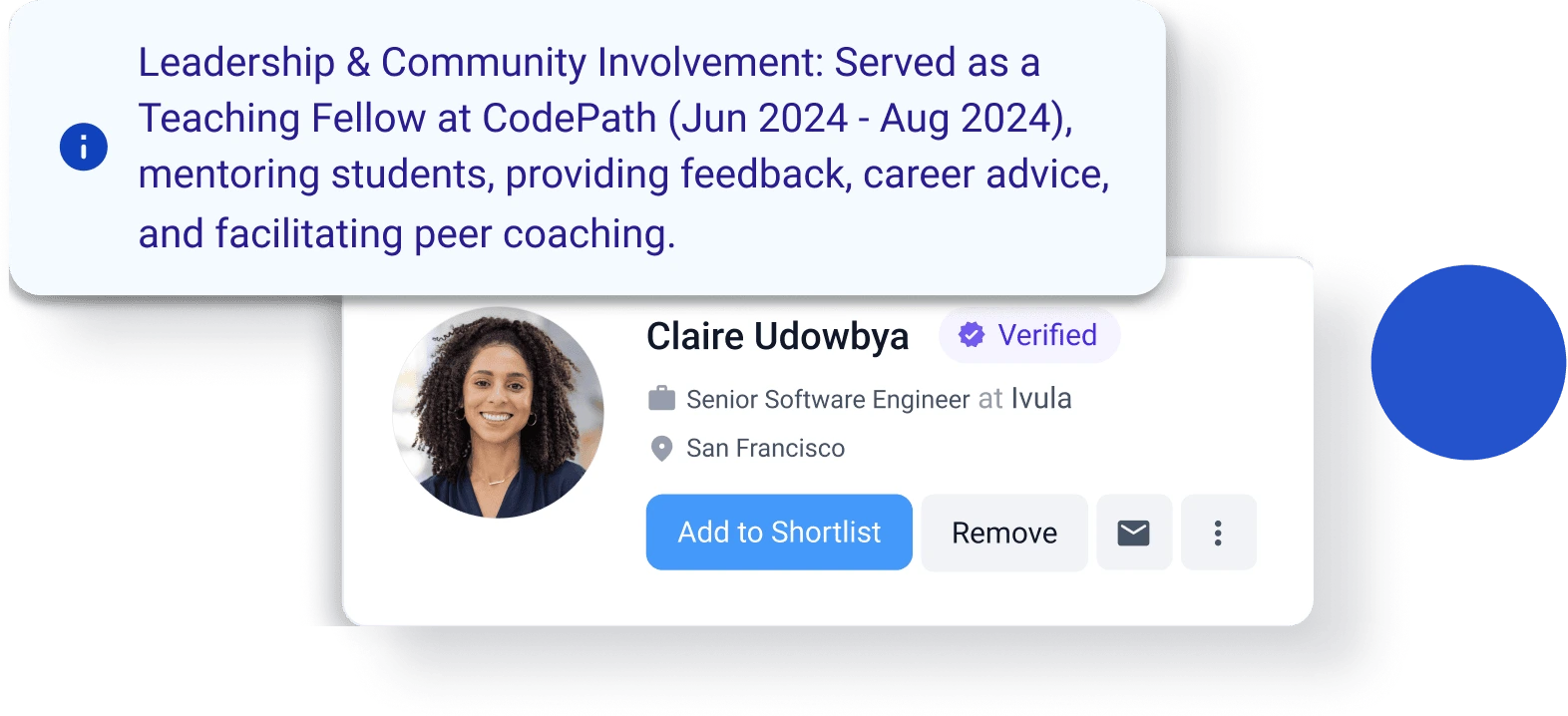 UI showing a candidate profile card alongside an AI-generated insight describing leadership and community involvement, including serving as a teaching fellow and mentoring students.