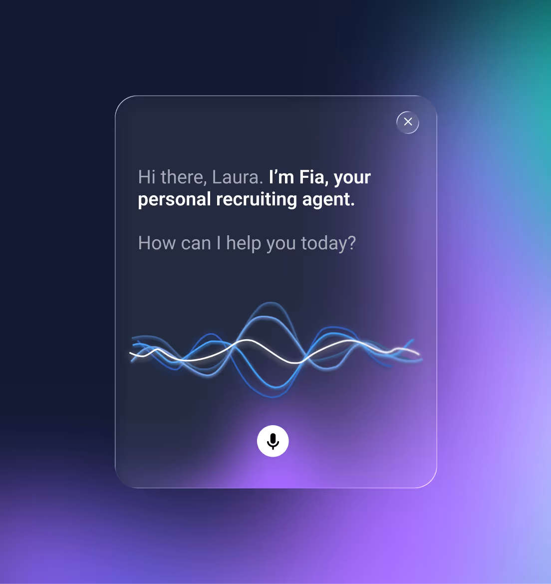 UI of a voice-enabled recruiting agent introducing itself as Fia and asking how it can help, with animated sound waves and a microphone button.
