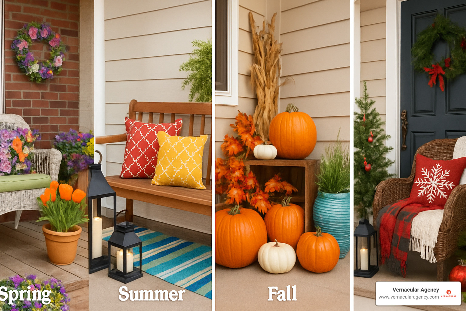 Seasonal home decor carousel showing spring patio furniture, summer outdoor accessories, fall harvest decorations, and winter holiday themes - home decor SEO services