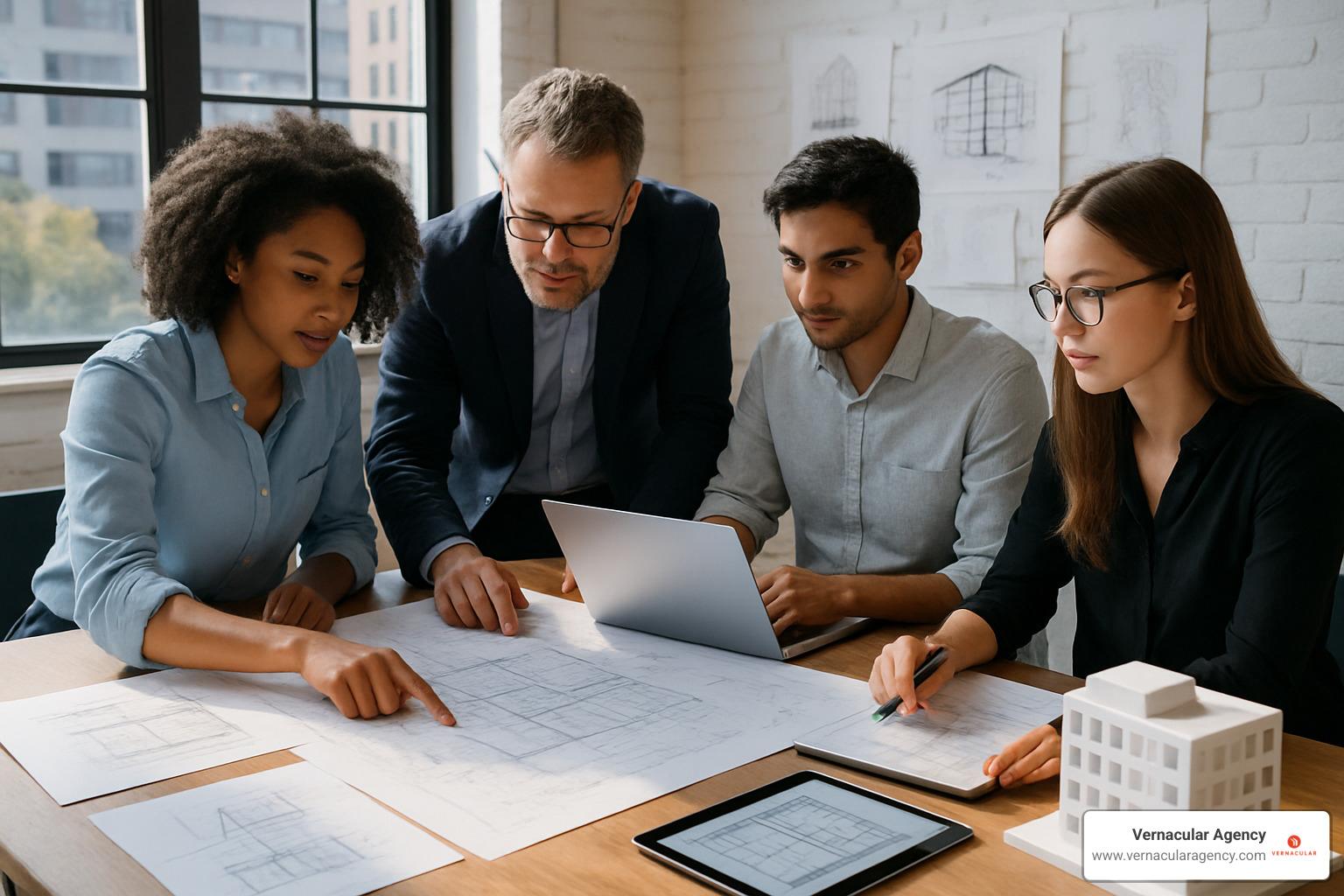 successful architecture firm team collaborating in modern office - architecture business