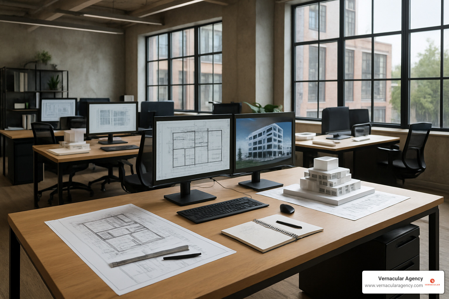 modern architecture office setup with computers and design tools - architecture business