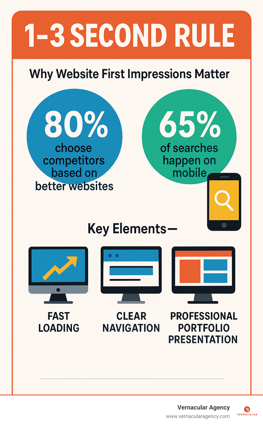 Infographic showing the 1-3 second rule for website first impressions, including statistics: 80% choose competitors based on better websites, 65% of searches happen on mobile, and key elements like fast loading, clear navigation, and professional portfolio presentation - website design for architects and engineers infographic 
