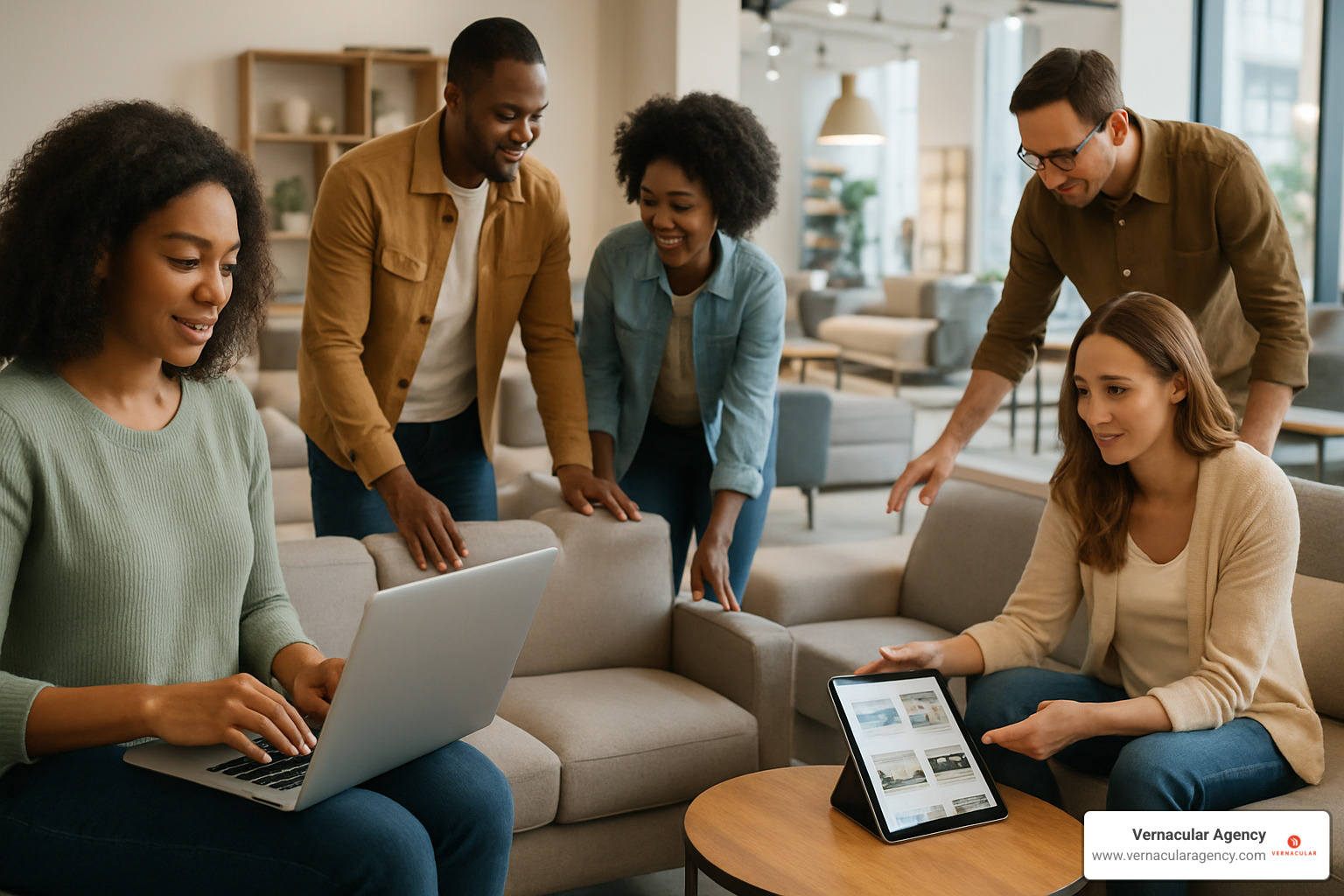 A diverse group of people shopping for furniture online and in-store - home furniture marketing