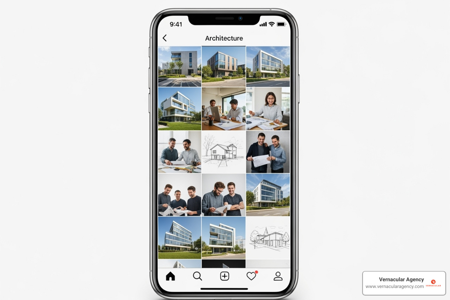 A visually appealing Instagram grid for an architecture firm, showcasing project photos, team culture, and design sketches - digital marketing agency for architecture firms