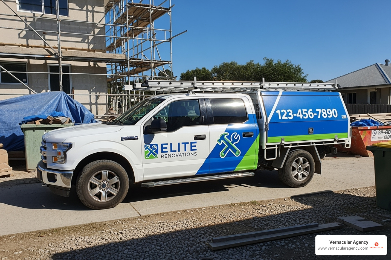 A professionally wrapped company truck at a job site - home renovation marketing