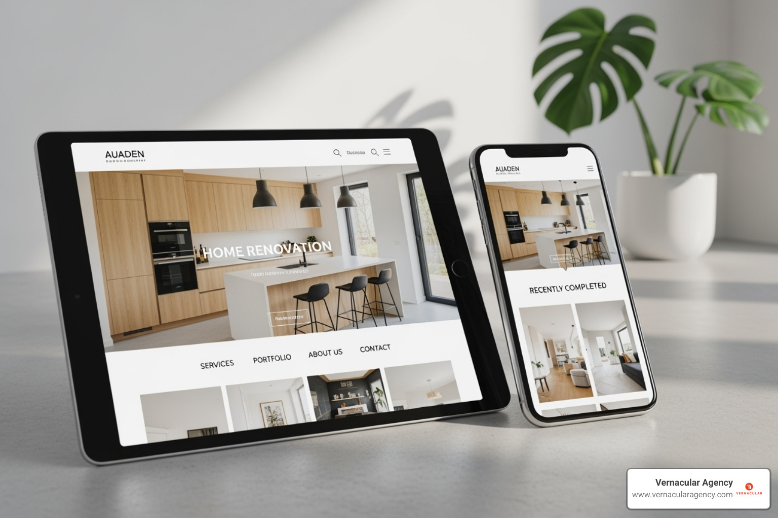 A sleek, professional home renovation website displayed on a tablet and a smartphone - home renovation marketing