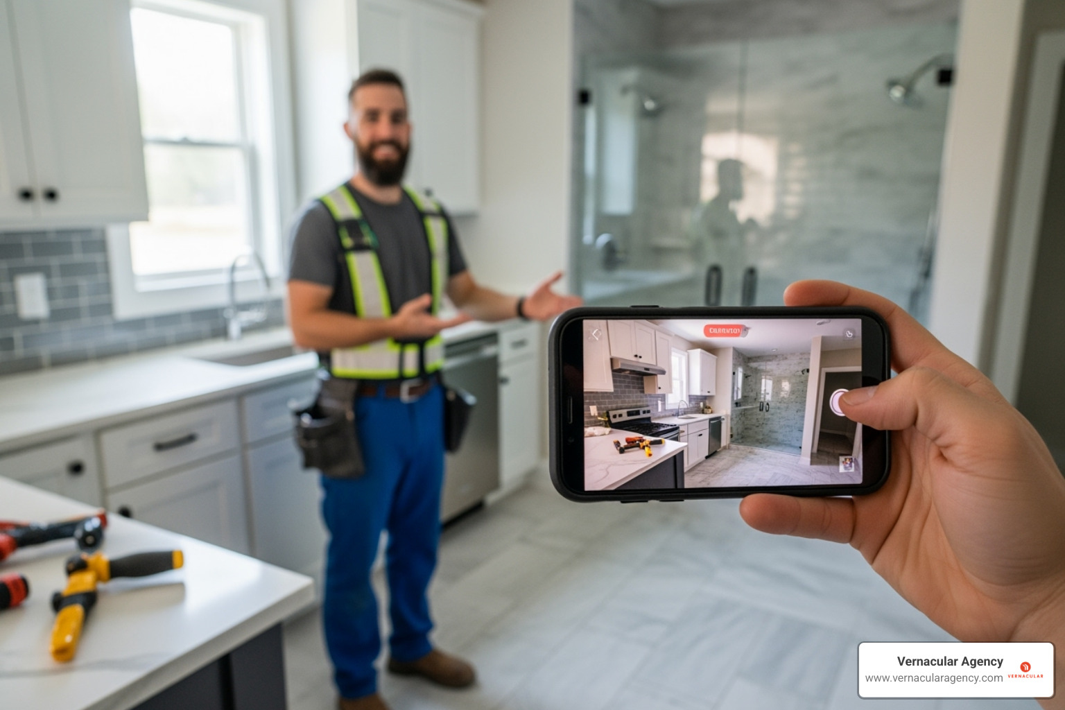 A contractor filming a project walkthrough on a smartphone - home renovation marketing