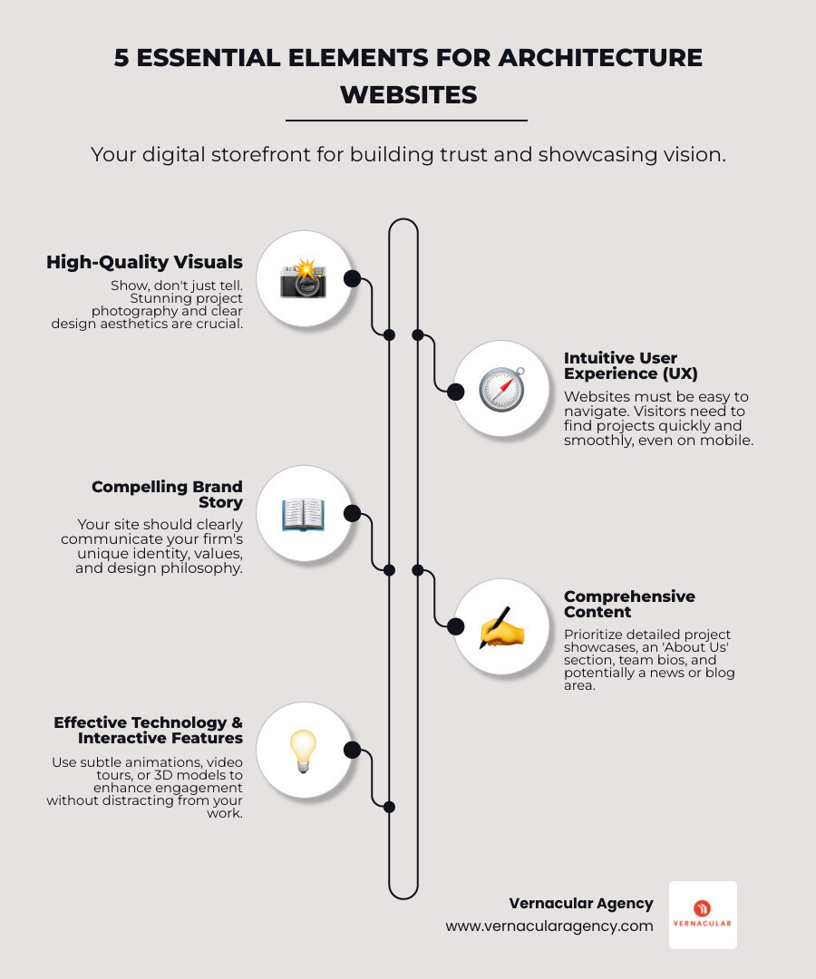 Infographic detailing the 5 essential elements for successful architecture firm websites: high-quality visuals, intuitive user experience, compelling brand story, comprehensive content, and effective technology & interactive features. - architecture firm websites infographic infographic-line-5-steps-neat_beige