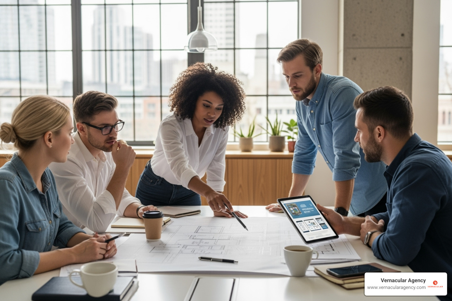 marketing team collaborating on a blueprint - builder marketing agency