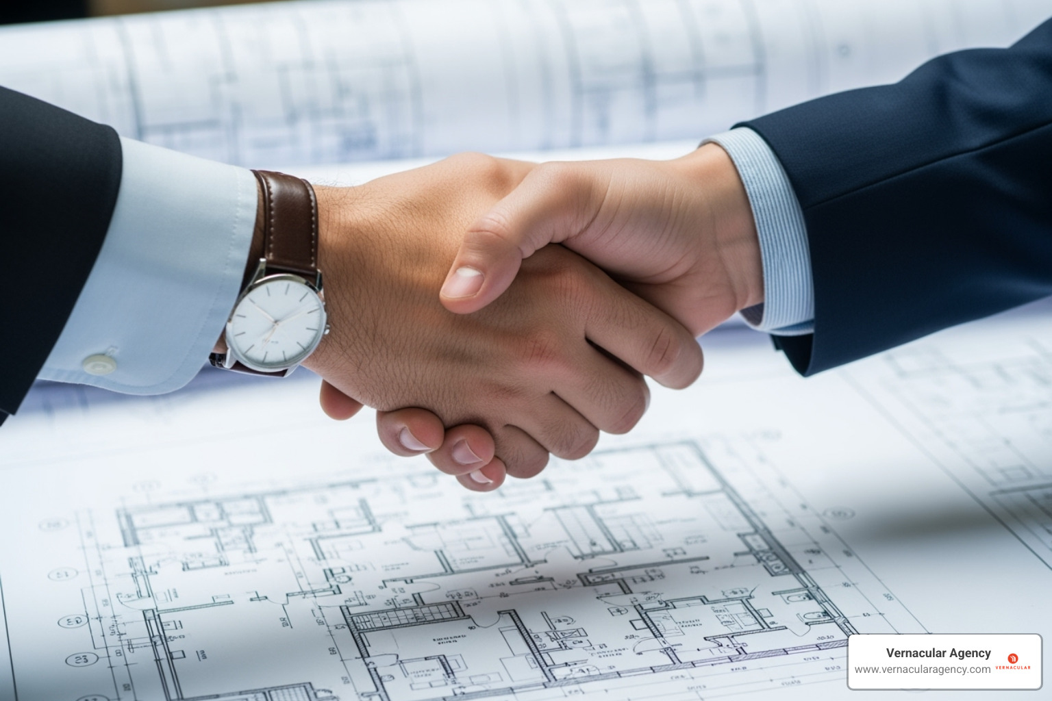 a handshake in front of architectural blueprints - how to market to architects