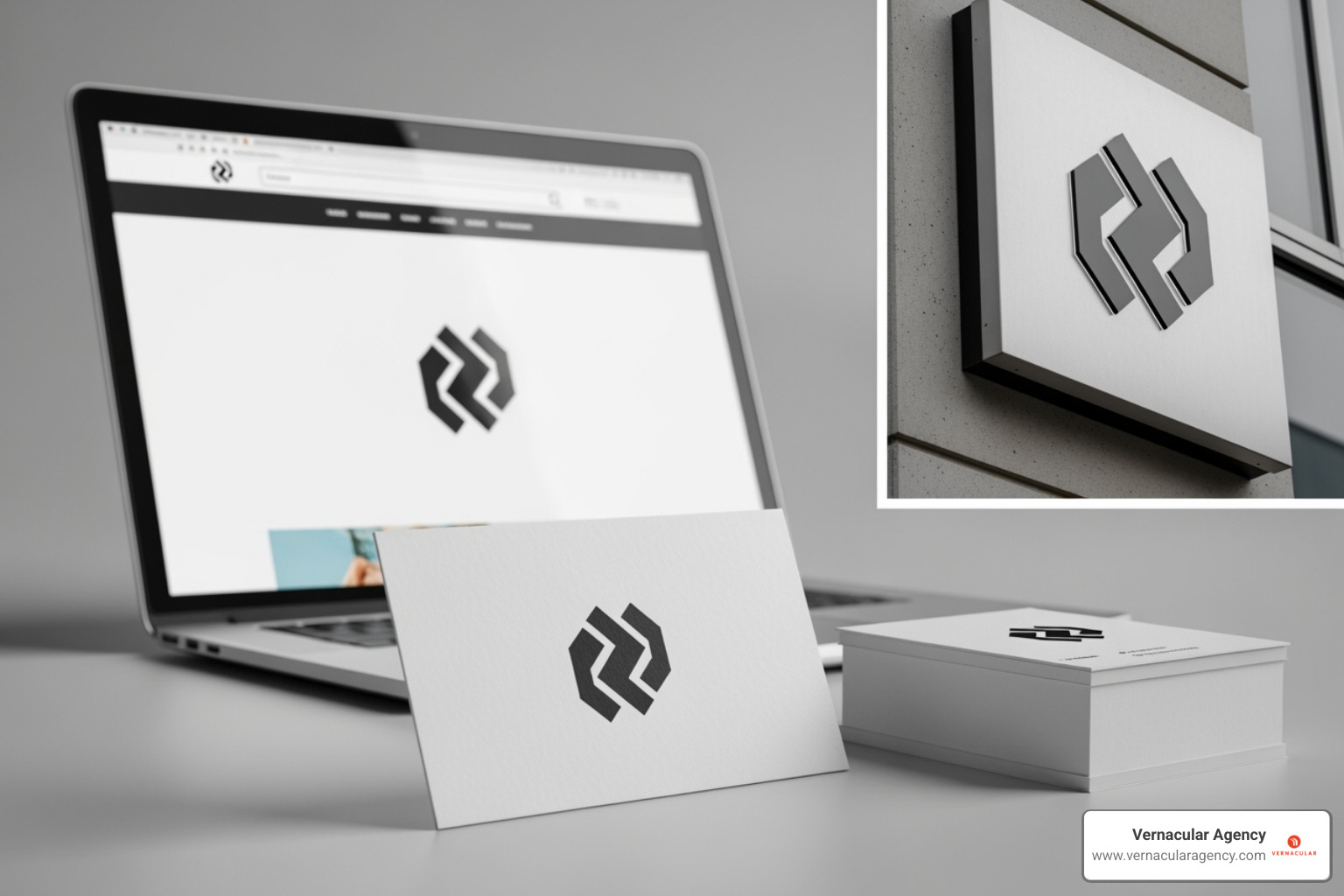 Demonstrating logo versatility on a business card, website header, and building signage - logo design for architects