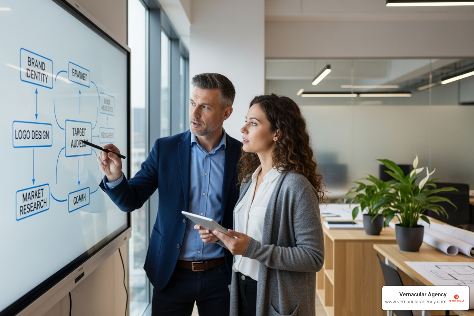 two architects in a modern office discussing branding on a whiteboard - marketing agency for architects
