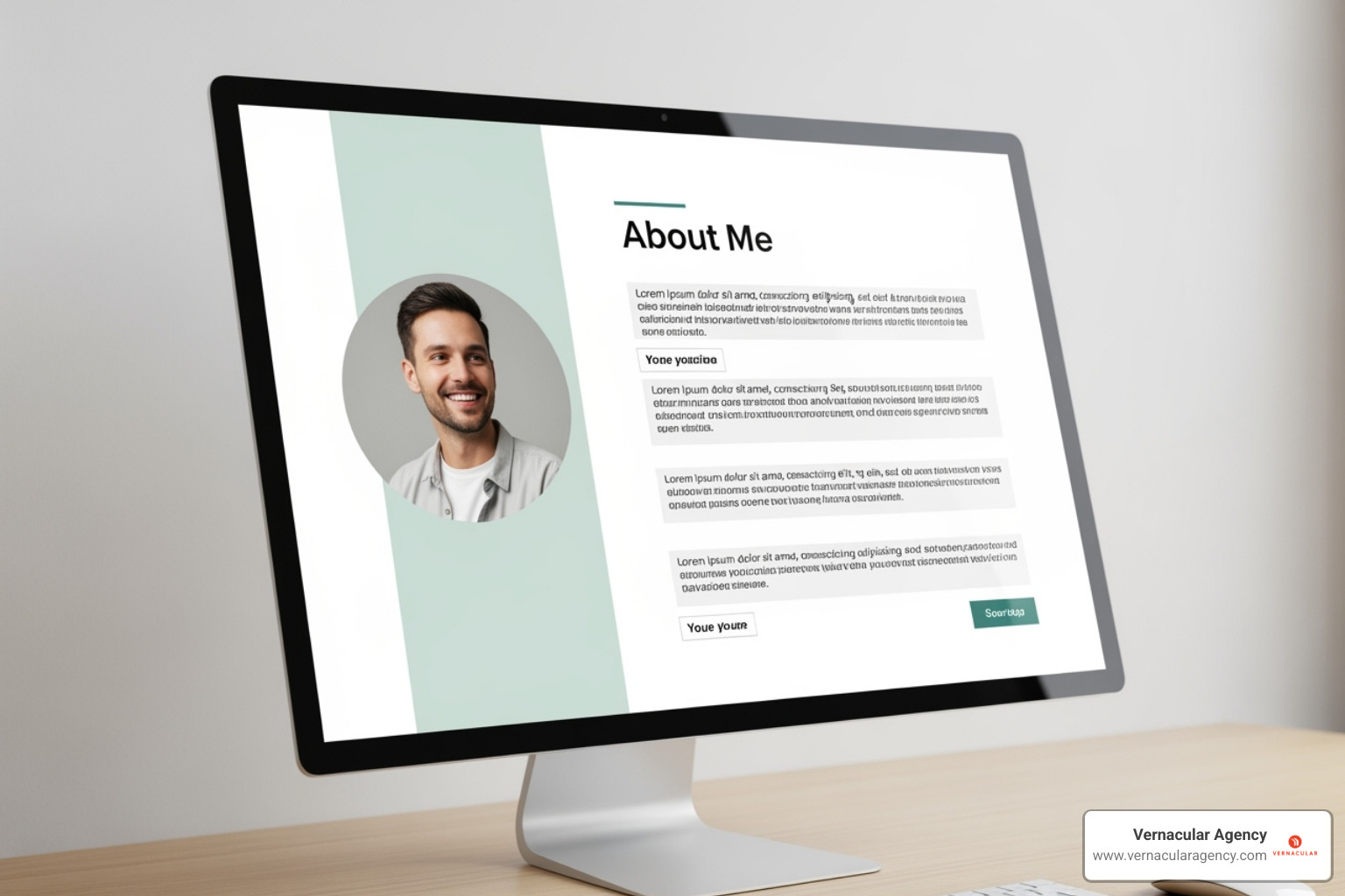 An image of a clean and professional 'About Me' page with a friendly headshot and a concise, engaging bio - architecture portfolio site