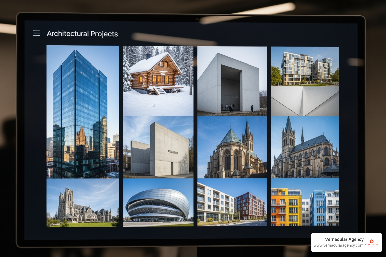 A well-organized project gallery grid, showcasing diverse architectural projects with clear, inviting thumbnails - architecture portfolio site