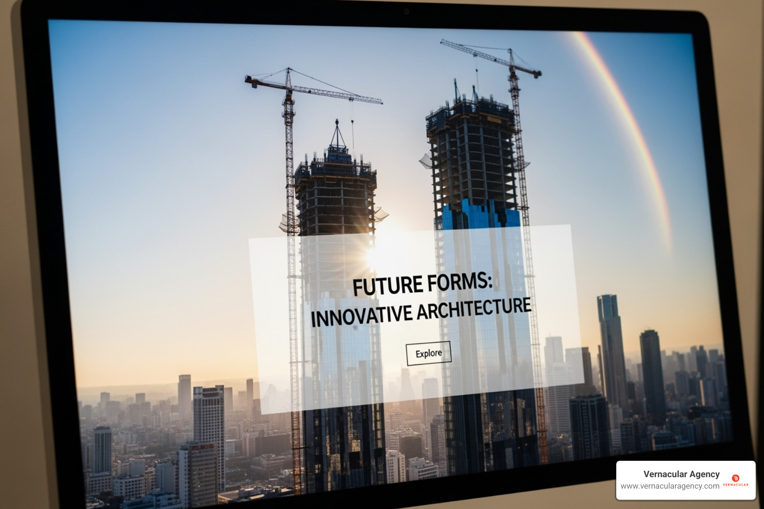 Website with full-screen video background of building timelapse - architecture site design