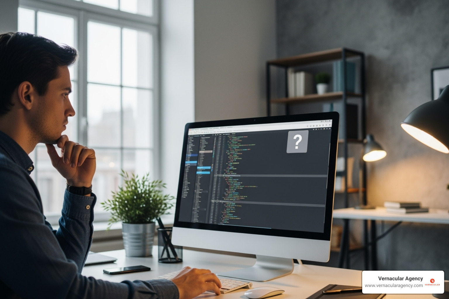 A person looking thoughtfully at a computer screen with a question mark icon - marketing plan for architecture firm