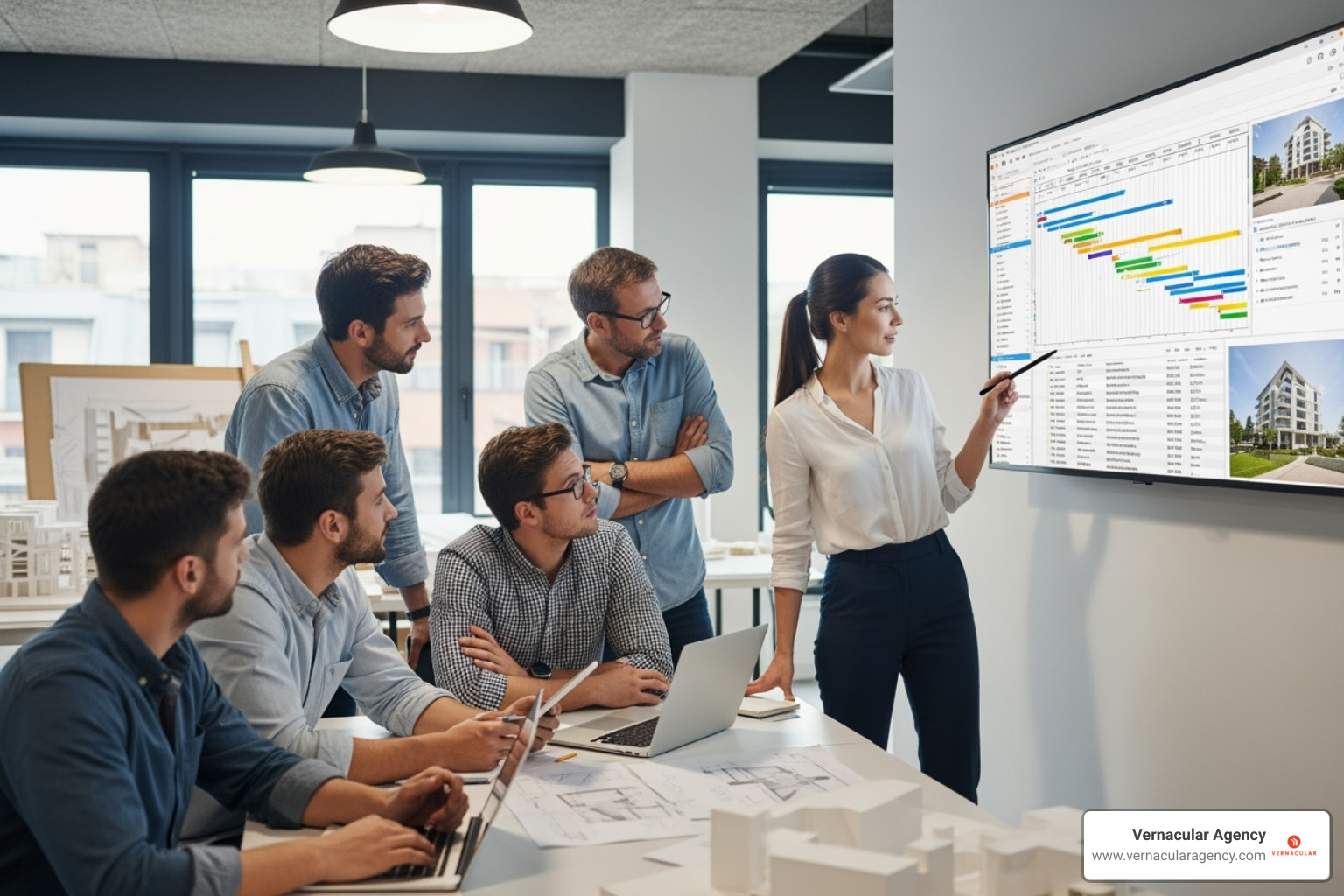 a team collaborating using project management software on a large screen - how to grow architecture business