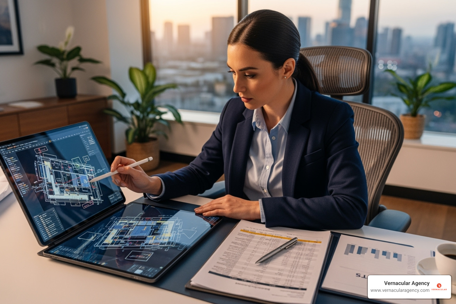 an architect reviewing blueprints and financial documents on a tablet - how to grow architecture business