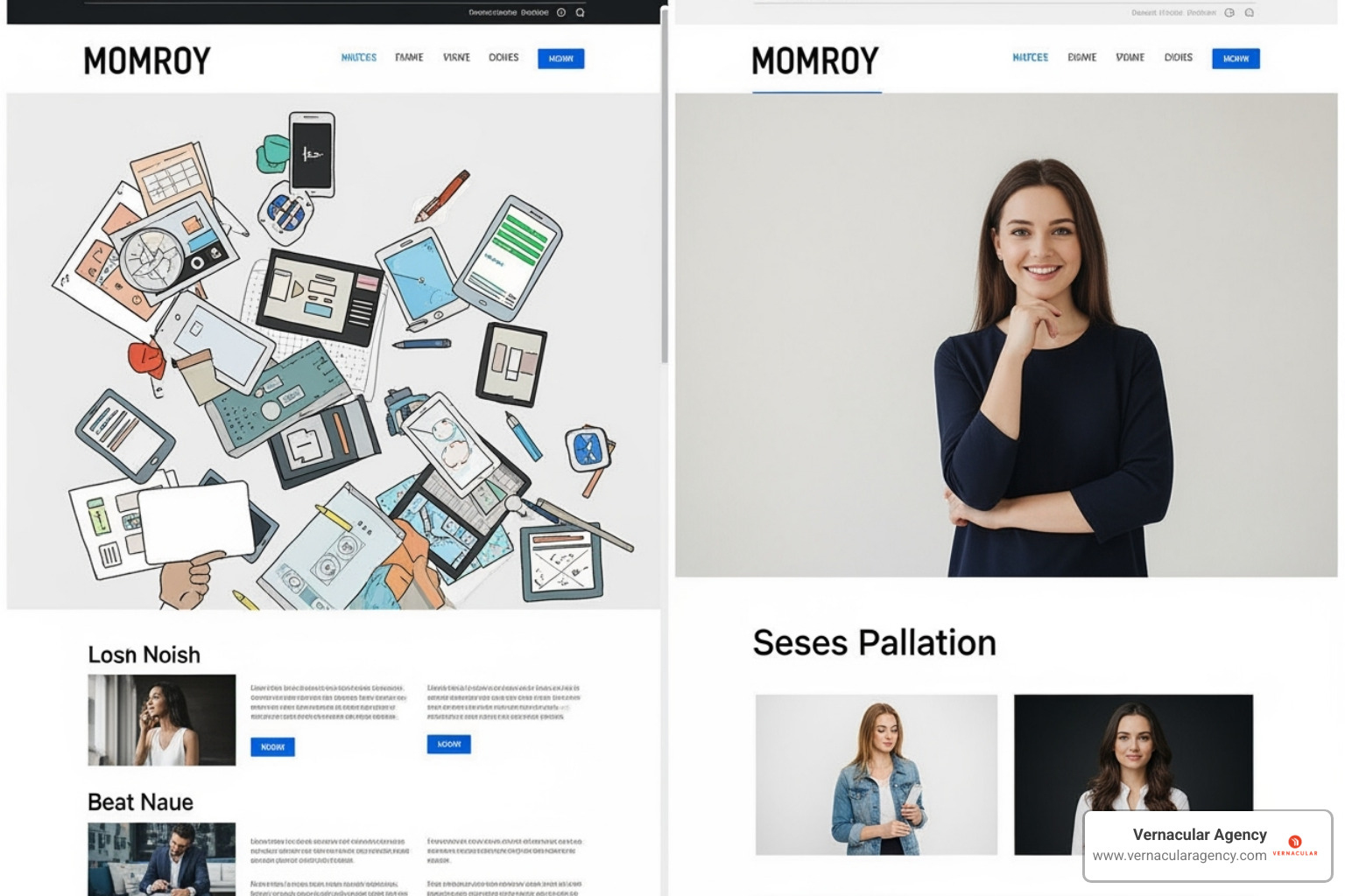 A split image showing a cluttered, difficult-to-steer website on one side and a clean, user-friendly website on the other - architecture website design