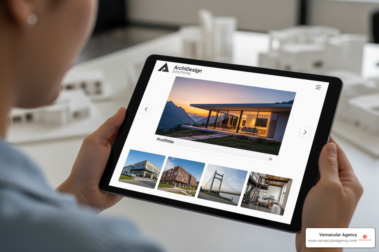 A person viewing an architect's portfolio on a tablet, showcasing high-quality project images and a clean design layout. - marketing strategy for architects