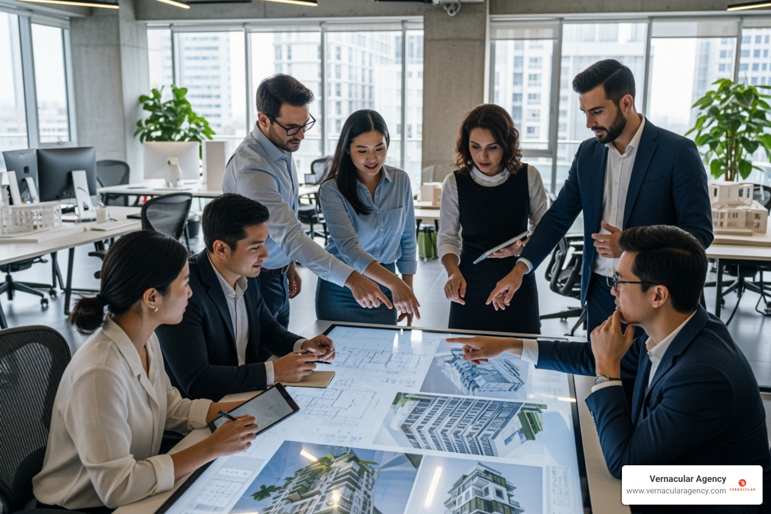A diverse team of architects collaborating in a modern, open-plan office space, discussing designs on a large screen. - marketing strategy for architects