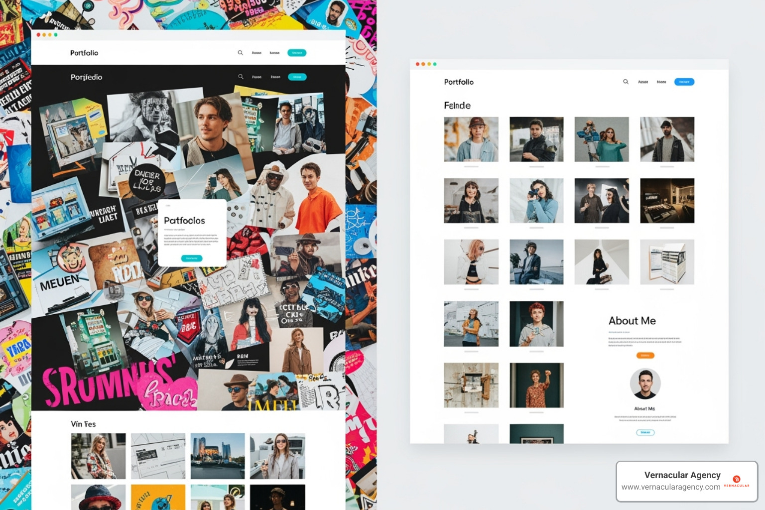 illustrating the contrast between a cluttered, confusing portfolio layout and a clean, minimalist design - architecture portfolio website