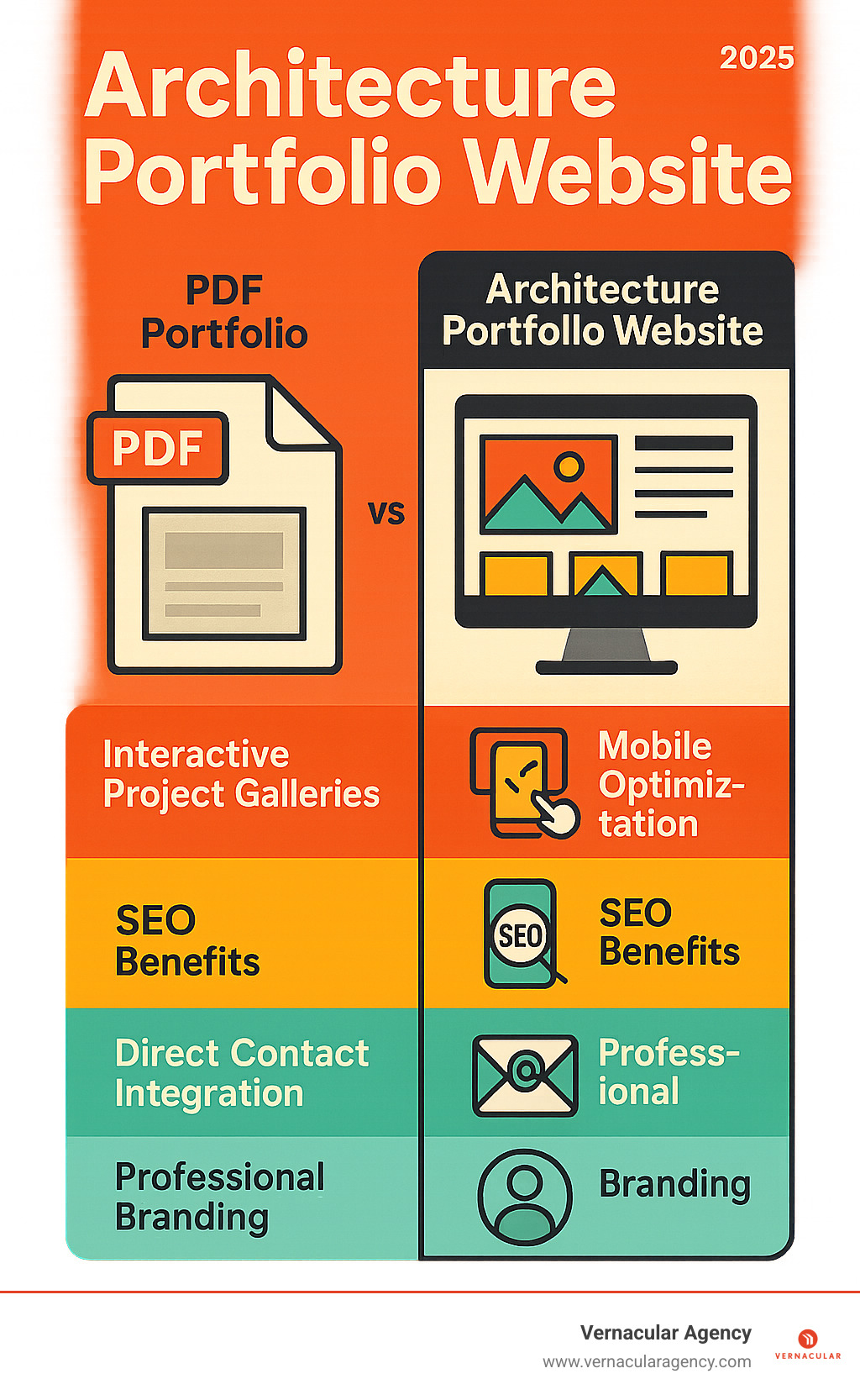 Infographic comparing traditional PDF portfolios versus dynamic architecture portfolio websites, showing advantages like interactive project galleries, mobile optimization, SEO benefits, direct contact integration, and professional branding capabilities - architecture portfolio website infographic 