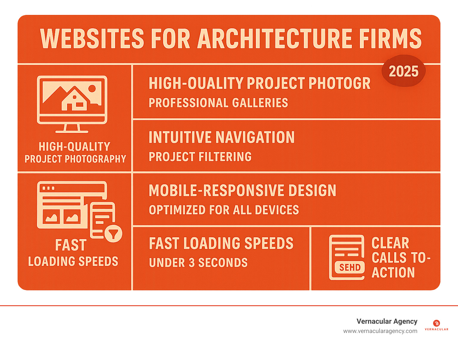 Infographic showing 5 essential elements of successful architecture firm websites: high-quality project photography with professional galleries, intuitive navigation with project filtering systems, mobile-responsive design optimized for all devices, fast loading speeds under 3 seconds, and clear calls-to-action guiding visitors to contact forms - websites for architecture firms infographic 