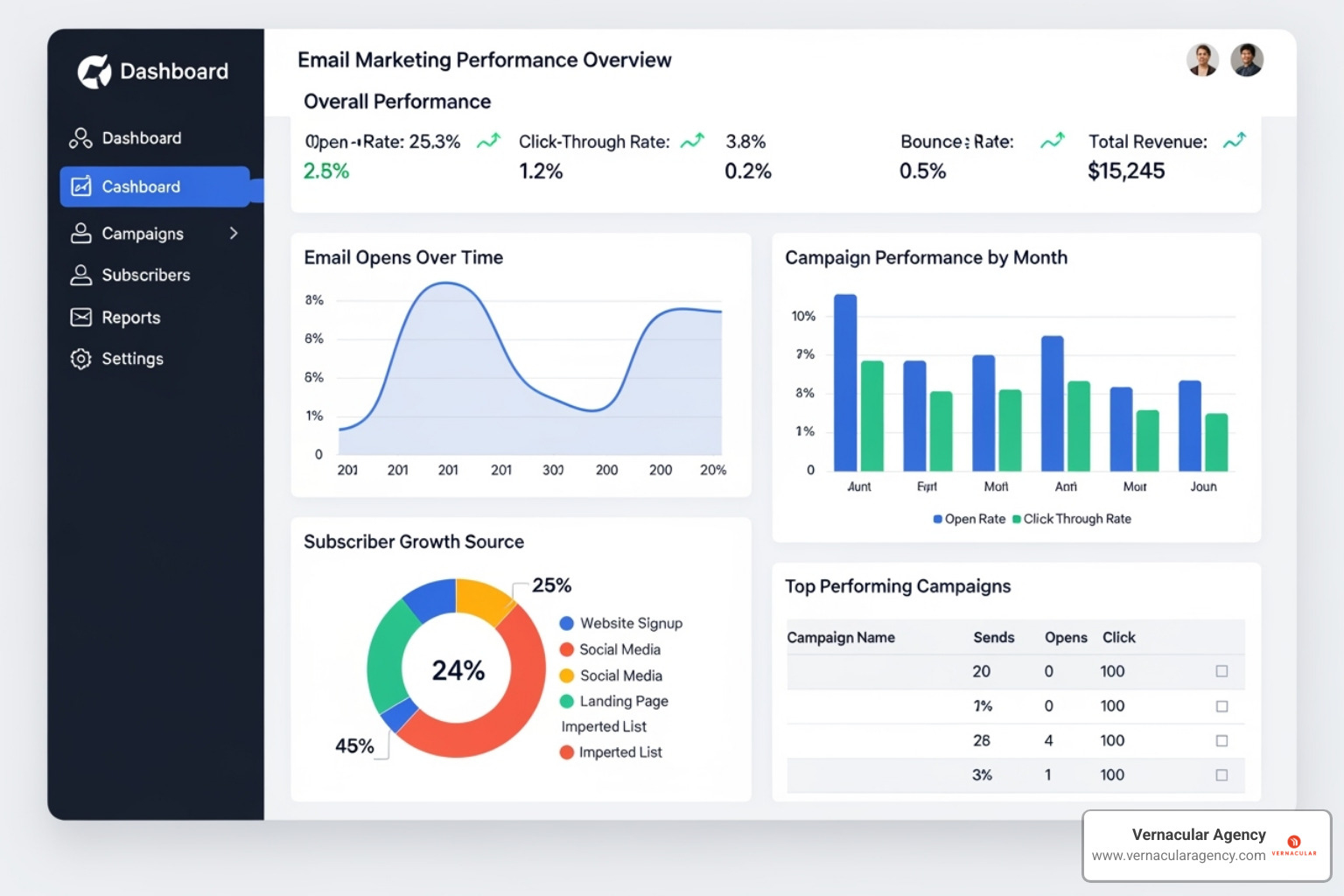 Email marketing analytics dashboard showing key metrics - email marketing for architects