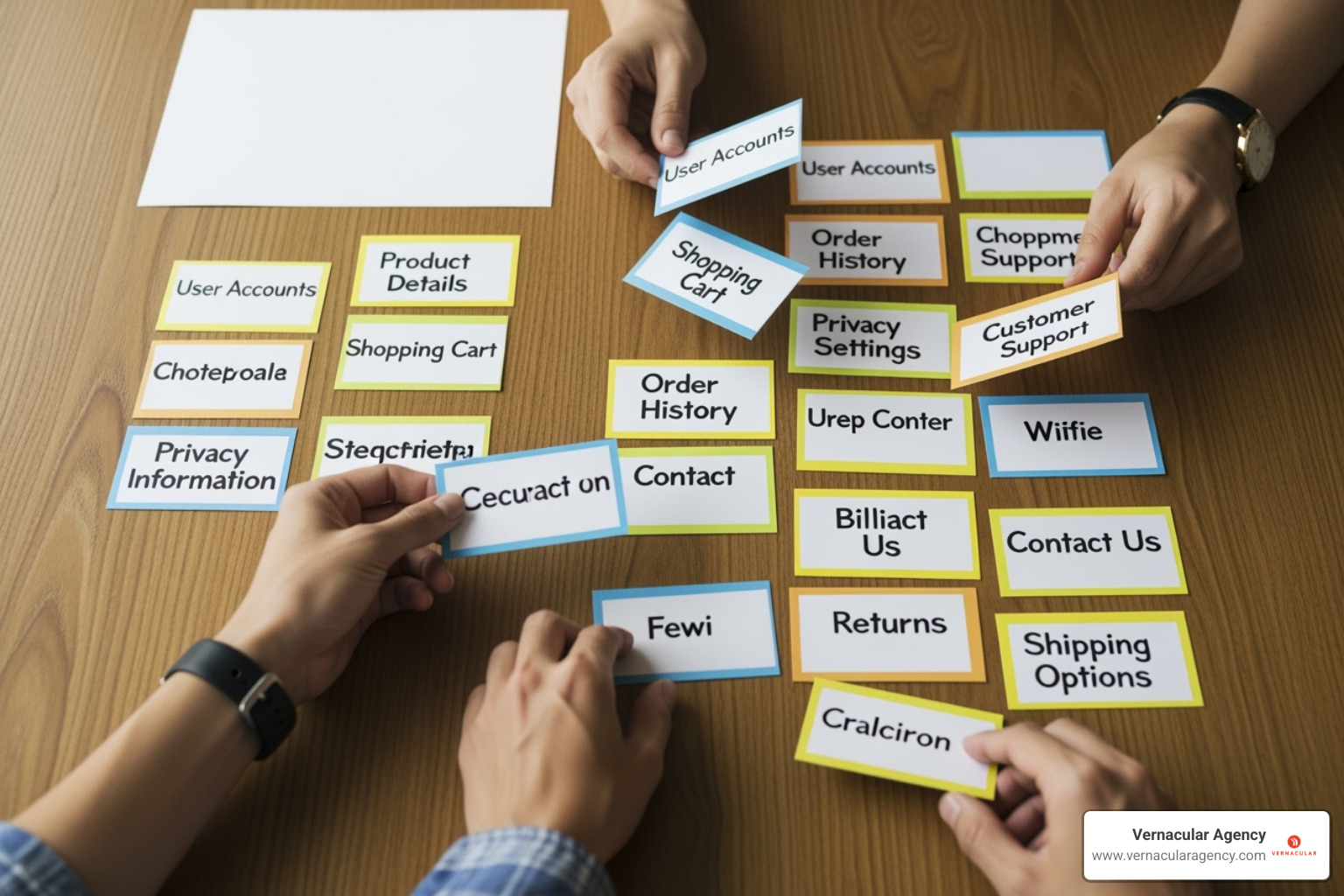 Card sorting exercise in progress, with hands moving physical cards into logical groups - information architecture website Card sorting exercise in progress, with hands moving physical cards into logical groups - information architecture website