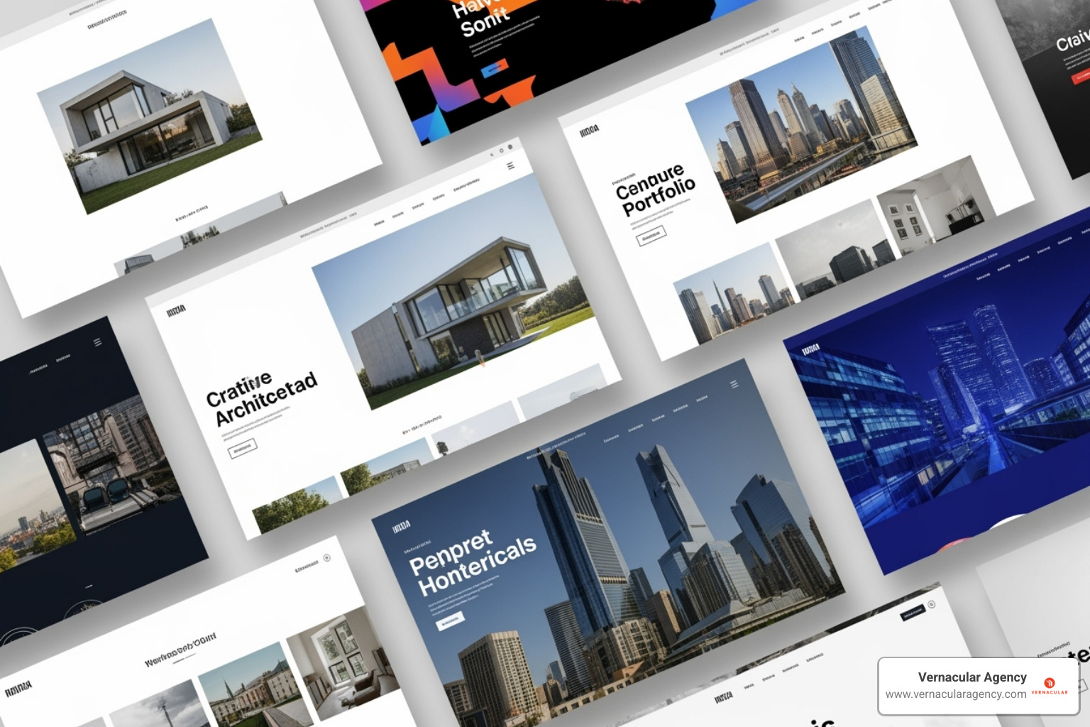 Collage of diverse architectural website styles: minimalist, bold, and image-focused designs - free website templates for architecture firms