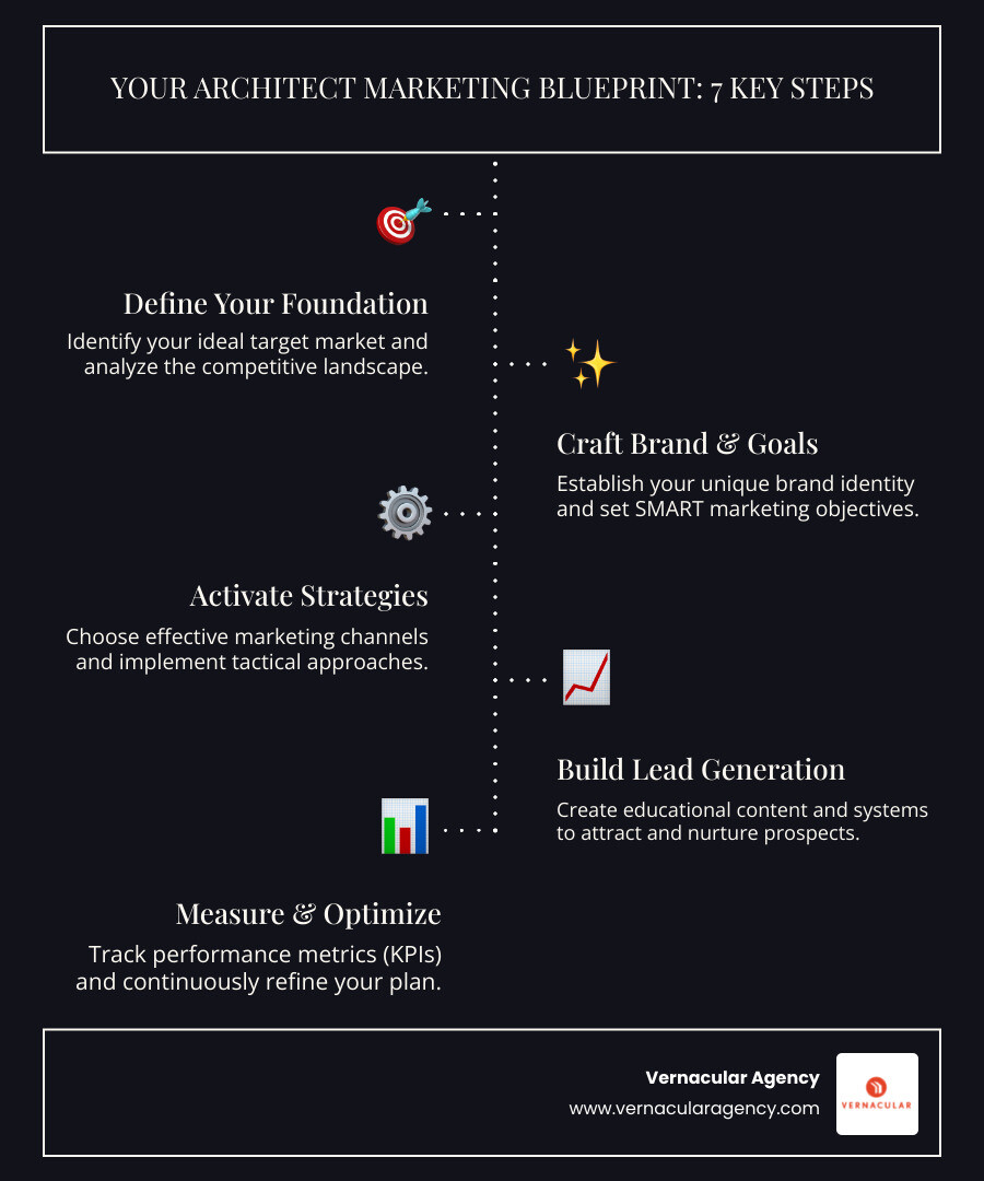 Infographic showing the 7 key steps to creating an architect marketing plan: 1. Define target market and buyer personas, 2. Analyze competitors and market position, 3. Establish brand identity and messaging, 4. Set SMART marketing goals and budget, 5. Choose marketing channels and strategies, 6. Create lead generation system with educational content, 7. Measure results and optimize performance - architect marketing plan infographic infographic-line-5-steps-dark