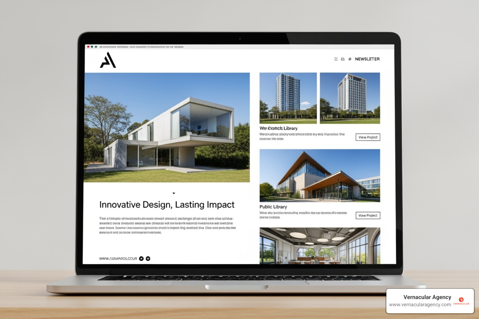 Visually stunning email newsletter for an architecture firm displayed on a laptop, featuring high-quality project photography and clean design - email marketing tool for architect