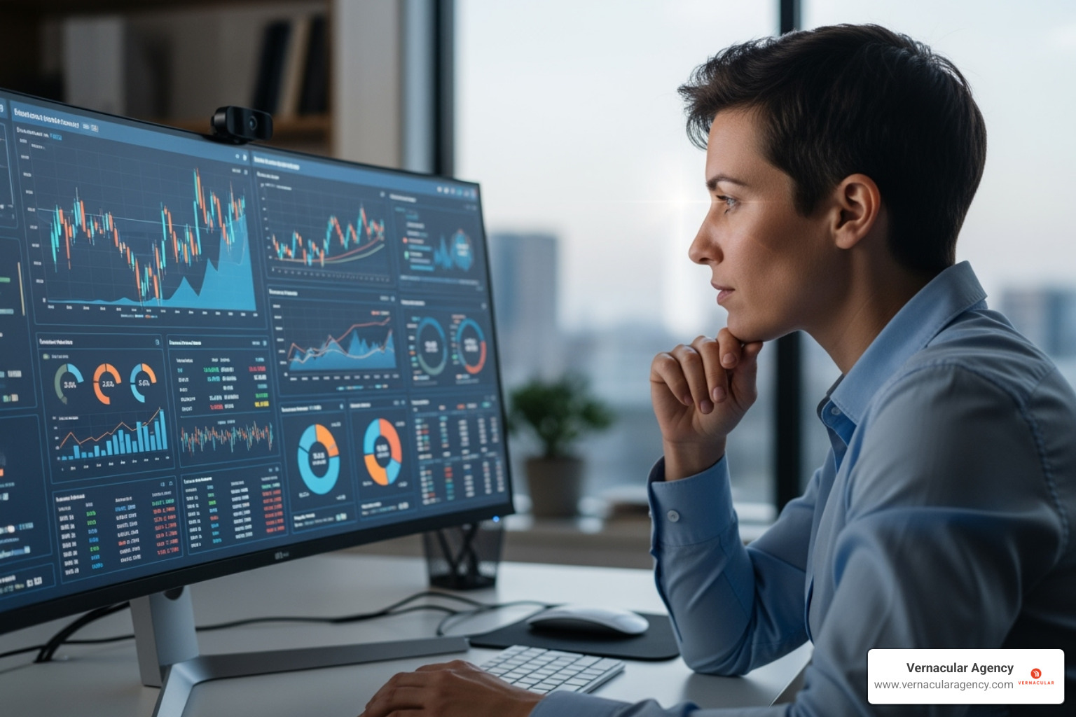 A person looking thoughtfully at a computer screen with graphs - media buying agency Maine