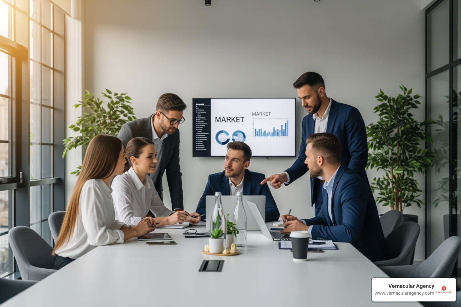 A marketing team collaborating in a modern office setting - media buying agency Maine