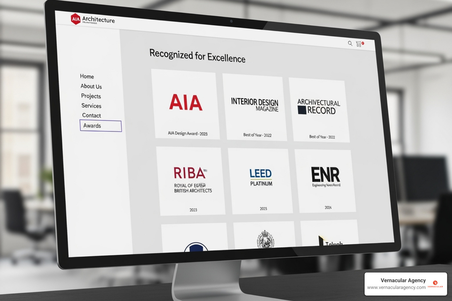 A website's "Awards" section featuring logos like AIA and Interior Design Magazine - architecture firm website A website's "Awards" section featuring logos like AIA and Interior Design Magazine - architecture firm website