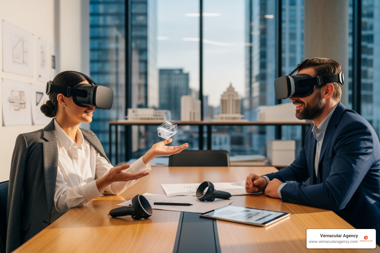 An architect wearing a VR headset, showcasing a design to a client who is also wearing a VR headset, both smiling and engaged. - Architect firm marketing An architect wearing a VR headset, showcasing a design to a client who is also wearing a VR headset, both smiling and engaged. - Architect firm marketing