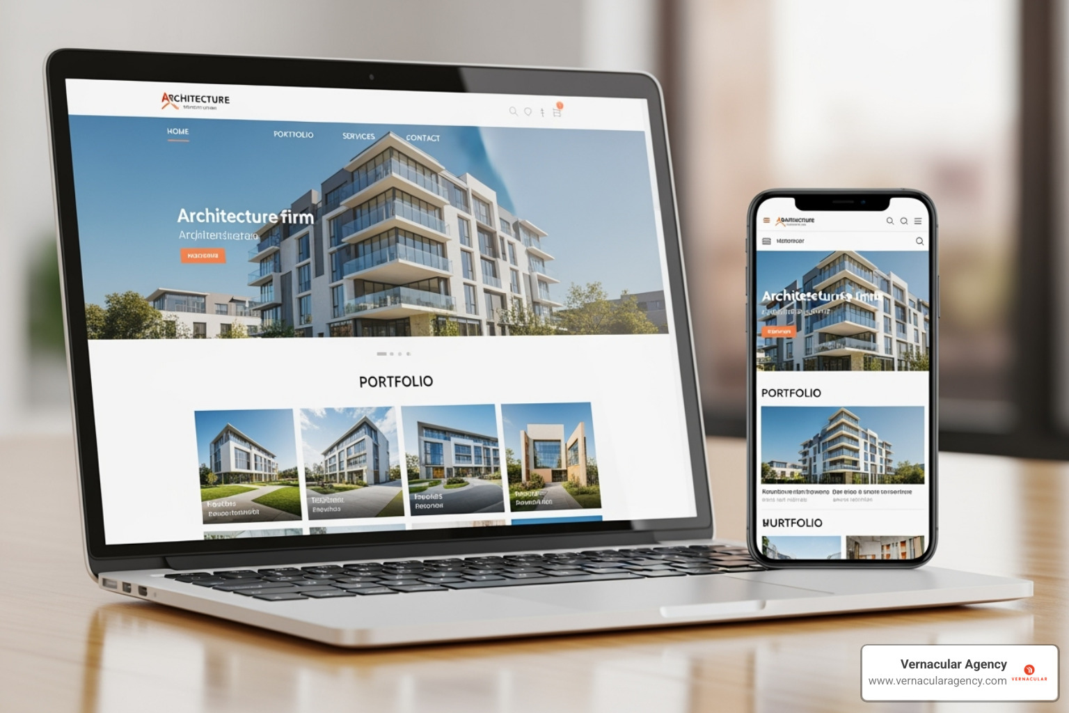 A well-designed architecture firm website displayed on a laptop and a smartphone, showing responsive design. - Architect firm marketing A well-designed architecture firm website displayed on a laptop and a smartphone, showing responsive design. - Architect firm marketing